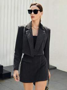 BizChic Solid Lapel Neck Crop Blazer Fall Women Outfits Women Jackets - Black - View 6