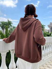 SHEIN Unity 女式休闲时尚街头字母印花落肩宽松拉链抽绳连帽羊毛运动衫，秋冬 - 棕色 - 查看 2