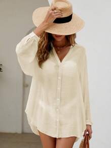 Swim Vcay Summer Beach Solid Button Front Bishop Sleeve Button Up Kimono - Apricot - View 5