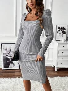 SHEIN Frenchy Square Neck Puff Sleeve Split Hem Sweater Dress - Apricot - View 4