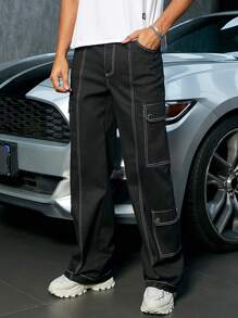 Men Street Top-Stitching Flap Pocket Side Cargo Fall Pants - Black - View 1