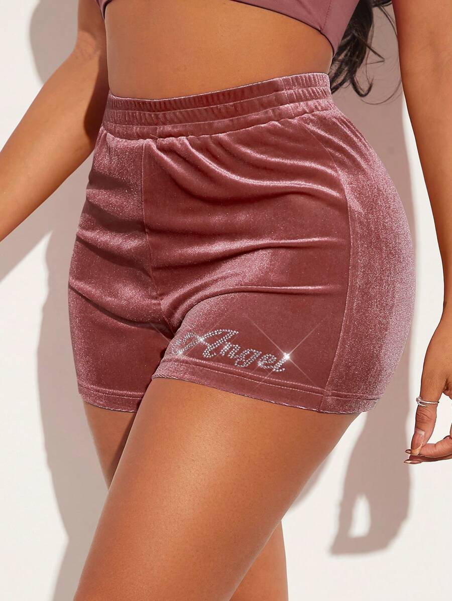 SHEIN SXY Pha lê Đồ họa Chữ cái Nhung Quần short - Gỗ đỏ - Xem 1
