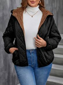 SHEIN LUNE 大碼毛絨內襯連帽絎縫外套 - 黑色 - 查看 5