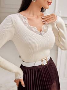 Modelyn 蕾絲拼接條紋針織套頭毛衣 - 米色 - 查看 1