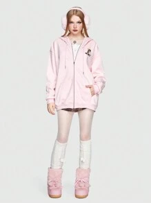 ROMWE Kawaii Dây kéo Thả vai Tranh thêu mèo Hoodie - Hồng - Xem 1