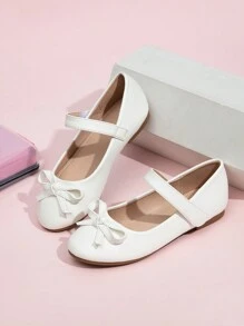 女童白色蝴蝶結裝飾平底鞋,鞋帶繡花