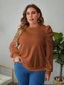 SHEIN Clasi Plus Solid Puff Sleeve Sweatshirt Winter Fall Autumn - Rust Brown - View 1