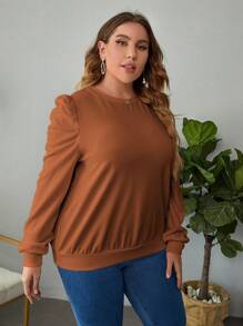 SHEIN Clasi Plus Solid Puff Sleeve Sweatshirt Winter Fall Autumn - Rust Brown - View 3