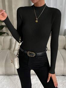 SHEIN Clasi 小高領羅紋針織短款毛衣 - 黑色 - 查看 5