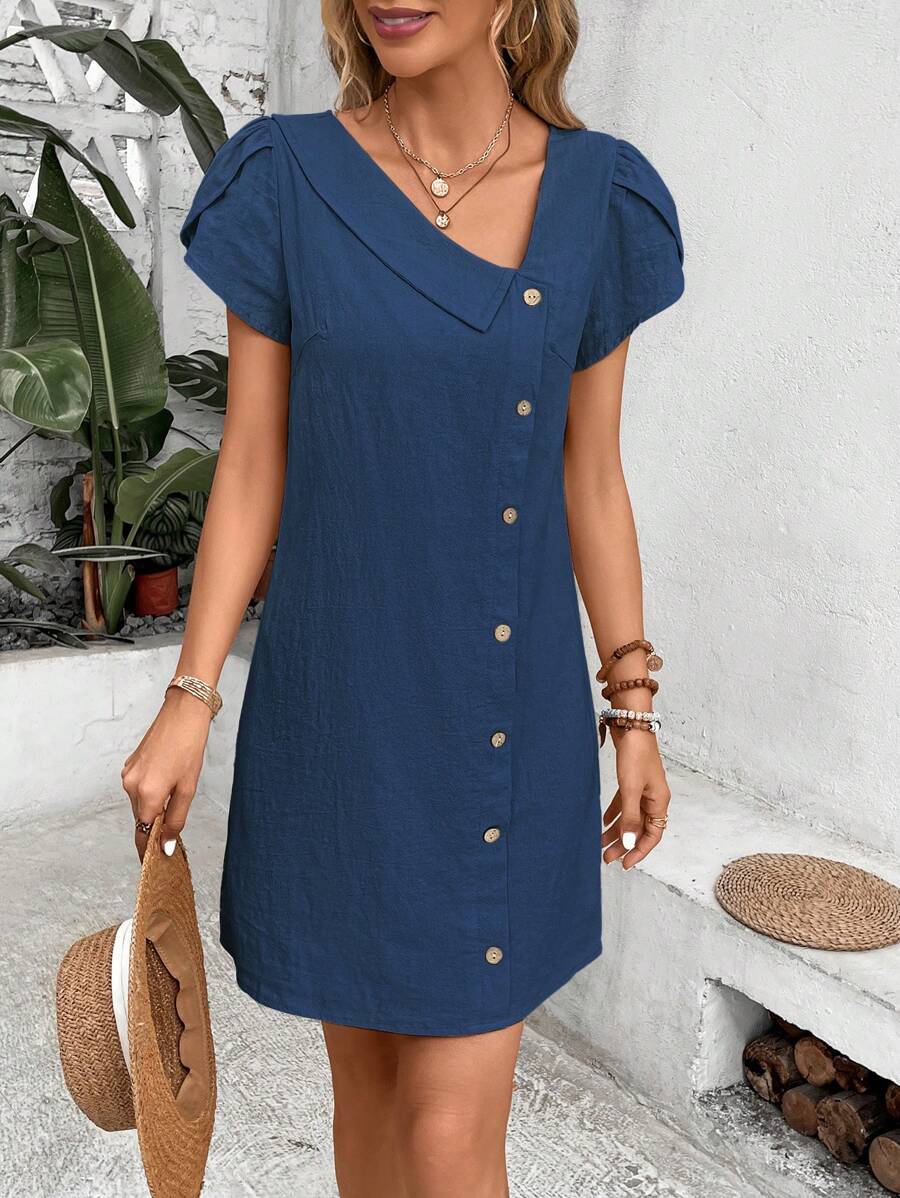 SHEIN LUNE Cổ không đối xứng Tay áo cánh hoa Chi tiết Nút Đầm - Rửa tối - Xem 1