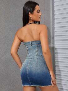 SHEIN ICON 漸層翻蓋口袋拉鏈開襟毛邊抹胸牛仔連衣裙 - 藍色 - 查看 2