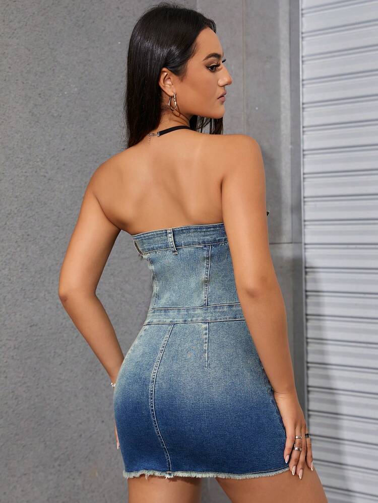 Ombre Flap Pocket Zip Up Raw Hem Tube Denim Dress