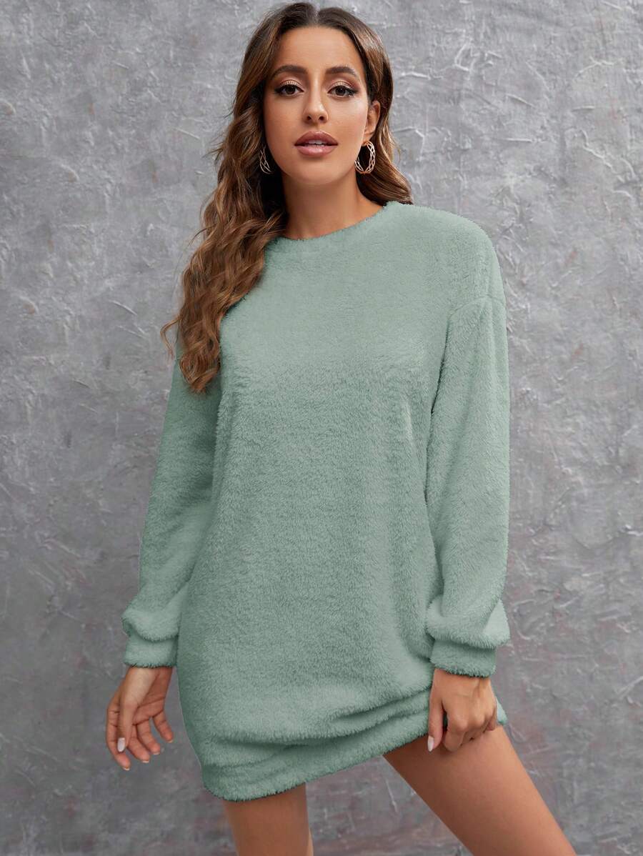 SHEIN LUNE Vestido sudadera unicolor de hombros caídos teddy - verde menta - Ver 1