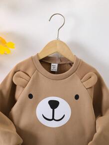 SHEIN 小男孩卡通图案插肩袖 3D 耳朵设计保暖衬里运动衫和运动裤熊睡衣棕色婴儿睡衣 - 棕色 - 查看 6