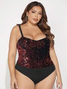 SHEIN SXY Plus Sequin Cami Bodysuit - Burgundy - View 1