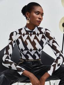Maija Geo Print Mock Neck Mesh Top - Black and White - View 5