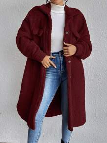 Chiquease Drop Shoulder Flap Detail Teddy Coat - Burgundy - View 1