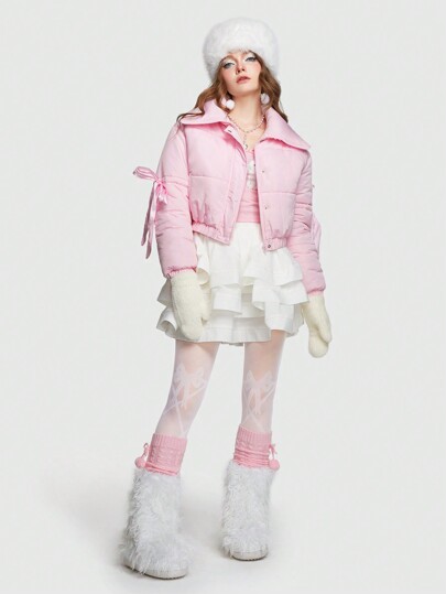 Kawaii Women's Sweet Pink Bow Embellished Snow Jacket, Suitable For Winter