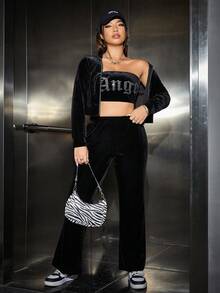 SHEIN EZwear Plus Zip Up Velvet Jacket & Tube Top & Flare Leg Pants - Black - View 5