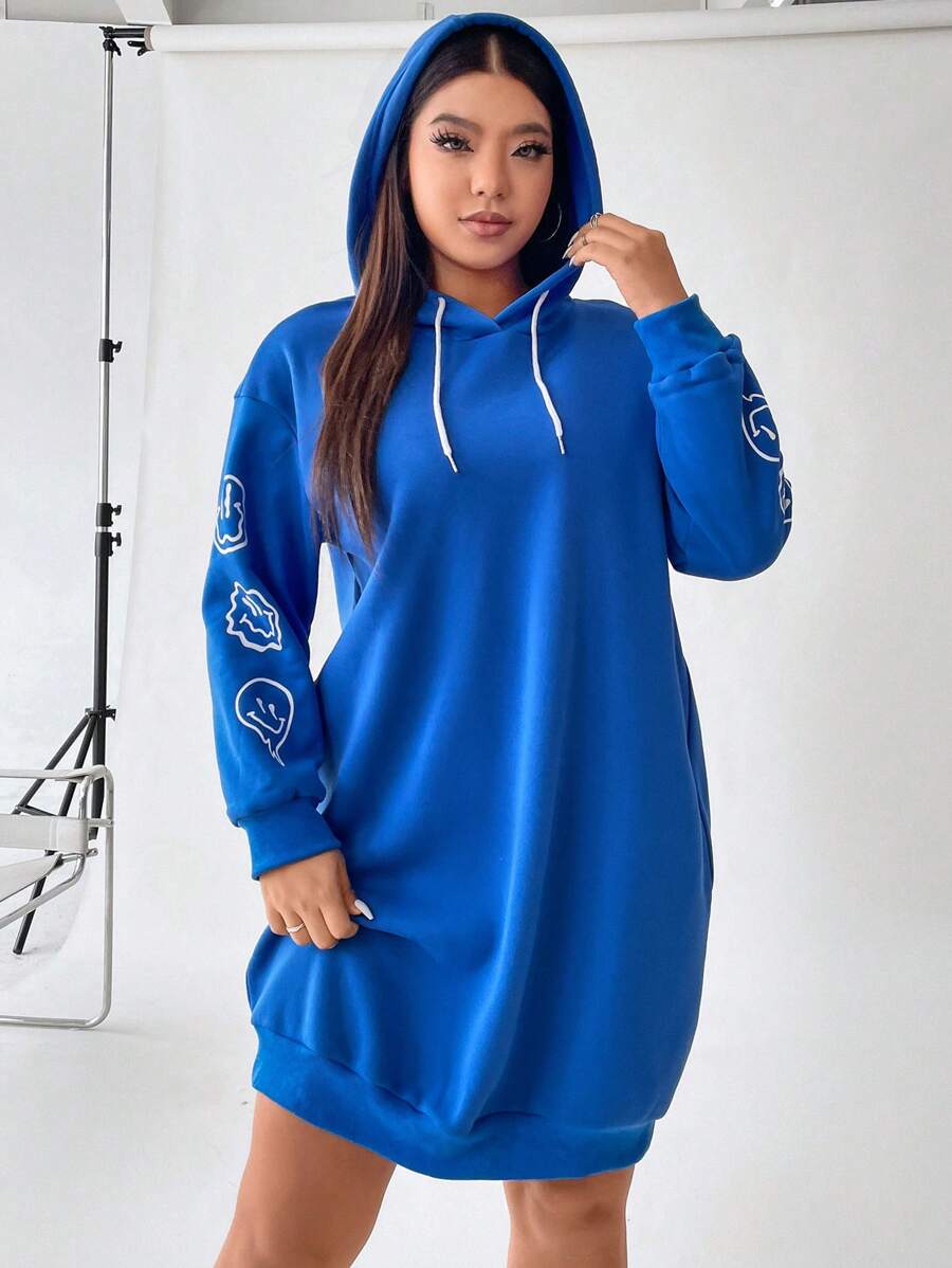 Flirla Hơn Đồ họa Hoạt hình Thả vai Dây rút Đàm áo cánh có mũ - Màu xanh lam - Xem 1