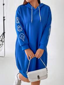 Flirla Hơn Đồ họa Hoạt hình Thả vai Dây rút Đàm áo cánh có mũ - Màu xanh lam - Xem 5