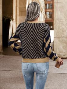 SHEIN Clasi 鋸齒圖案落肩袖套頭毛衣 - 棕色 - 查看 2