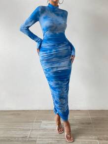 Chiquease Vestido ajustado de tie dye de cuello alto fruncido - Azul - Ver 4