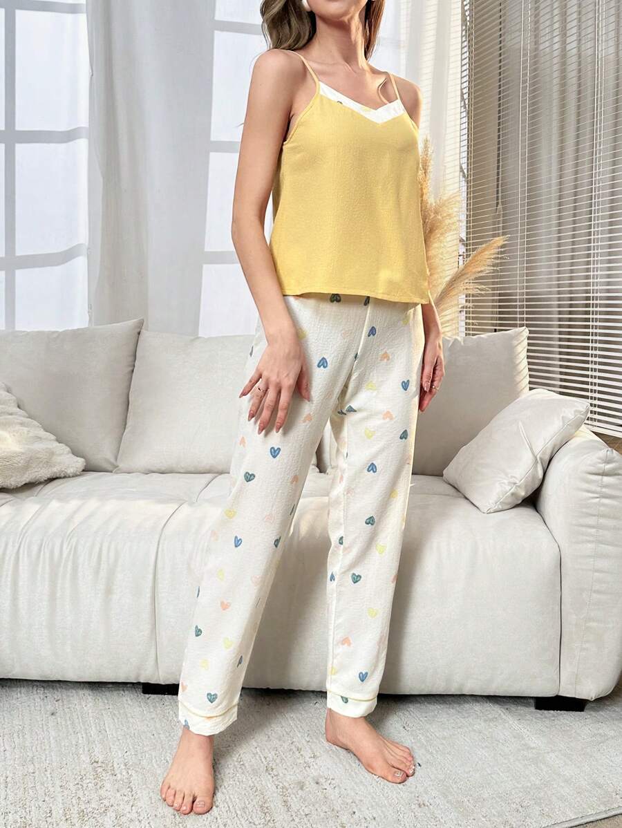 Conjunto de pijama Top de tirantes con estampado de corazón ribete en contraste con pantalones - Multicolor - Ver 1