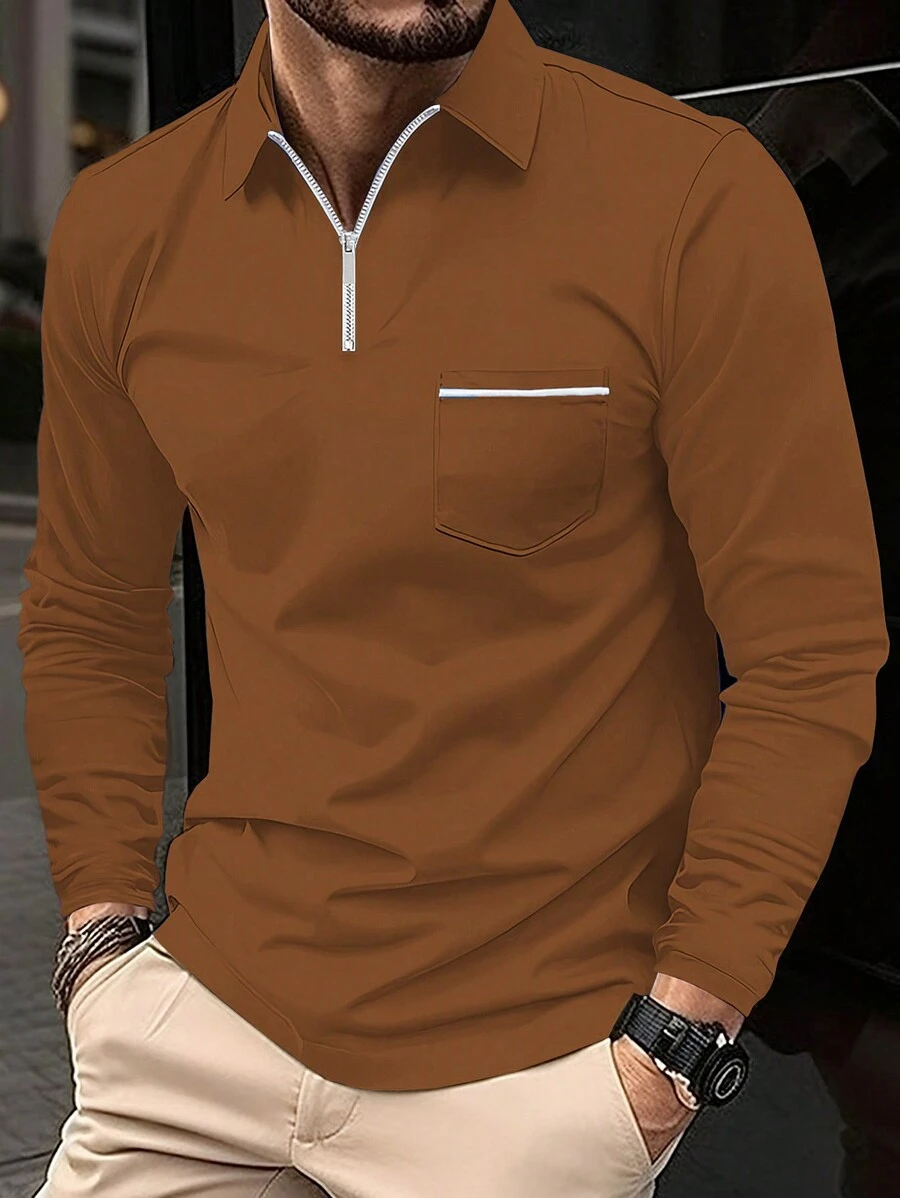 Manfinity Men Quarter Zip Polo Shirt - Brown - View 1