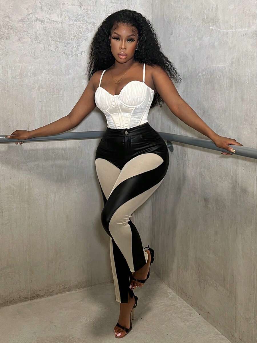 Slaydiva Pantalones ajustados de dos tonos PU