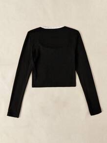 SHEIN EZwear 標語圖案蕾絲邊前蝴蝶結短款T恤 - 黑色 - 查看 2