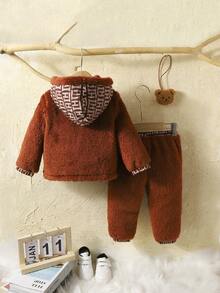 Baby Boy Letter Embroidery Hooded Teddy Coat & Pants - Brown - View 2