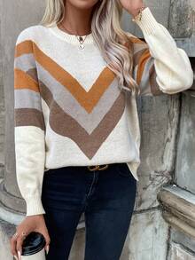 Chiquease Mô hình Chevron Thả vai Áo len - Màu Khaki - Xem 4