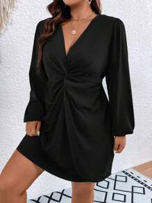 Celure Plus Twist Front Lantern Sleeve Dress