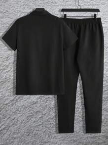 Manfinity Homme Hombres Pantalones con camiseta tejido de canalé con cremallera cuarta - Negro - Ver 2