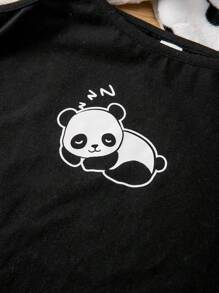 SHEIN Leap Crew Bộ 2 món dành cho bé gái tuổi teen, gồm áo hoodie ngắn tay và váy slip dress in hình gấu trúc, lót giữ nhiệt, chất liệu dày dặn. - Đen và trắng - Xem 6