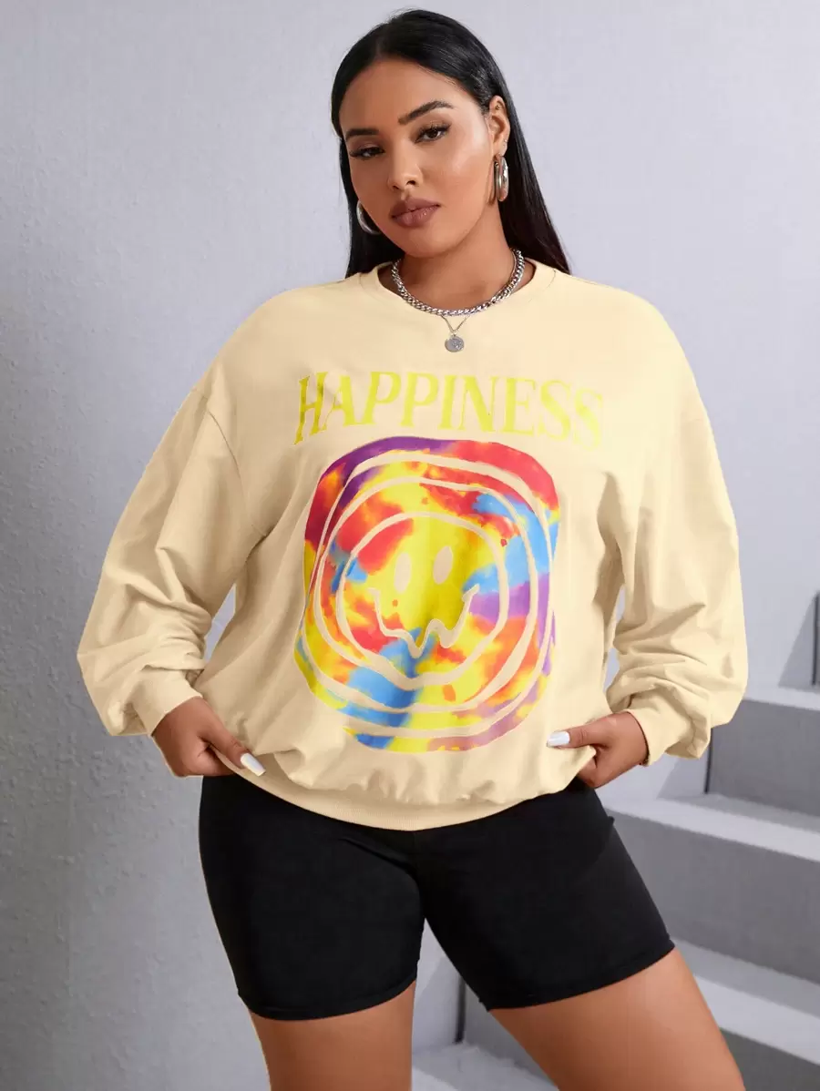 SHEIN EZwear Plus Letter & Cartoon Graphic Drop Shoulder Sweatshirt - Khaki - View 1