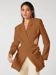 BizChic 交叉圍裹前扭結紐扣細節西裝外套 - 黃色 - 查看 5