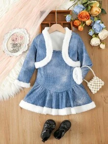 SHEIN 女小童毛茸邊夾克&荷葉邊吊帶洋裝 - 藍色 - 查看 3