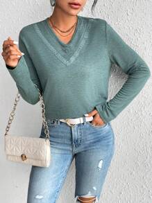 SHEIN Frenchy Chèn ren Guipure Áo thun - xanh quân đội - Xem 5