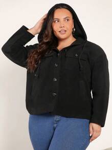 SHEIN BASICS 大碼翻蓋口袋前紐扣外套 - 黑色 - 查看 5
