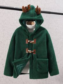 SHEIN 男大童雙口袋落肩 3D 耳朵設計連帽外套 - 墨綠色 - 查看 4