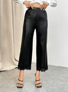 SHEIN Privé Contrast Lace Hem PU Leather Pants