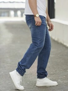 Manfinity Homme 男士抽绳腰胡萝卜牛仔裤，纯色深蓝色修身长款深色洗水牛仔裤，洗水工装牛仔裤，适合丈夫、男朋友的礼物 - 藍色 - 查看 6