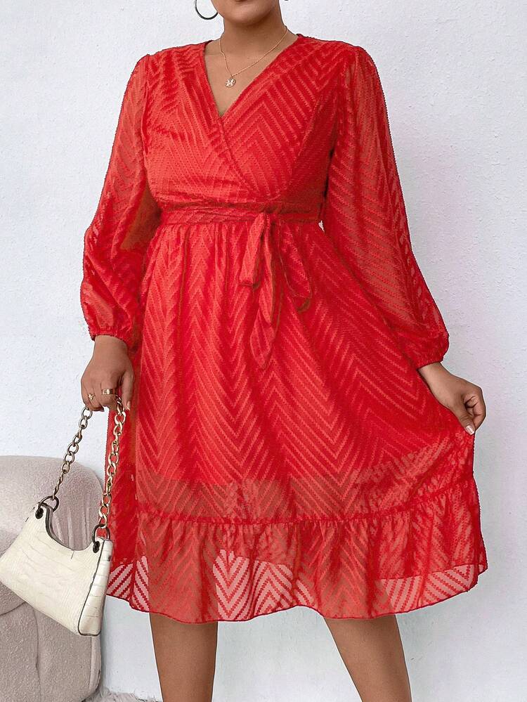 Plus Size Women's Casual Vacation Style Surplice Neck Lantern Sleeve Belted Dress, Spring/Summer/Autumn