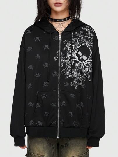 Skull Graphic Zip Up Drawstring Hoodie