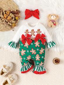 SHEIN Bebé niña Mono con estampado de Navidad con lazo delantero de manga con volante bajo con fruncido con banda cabeza - Multicolor - Ver 1