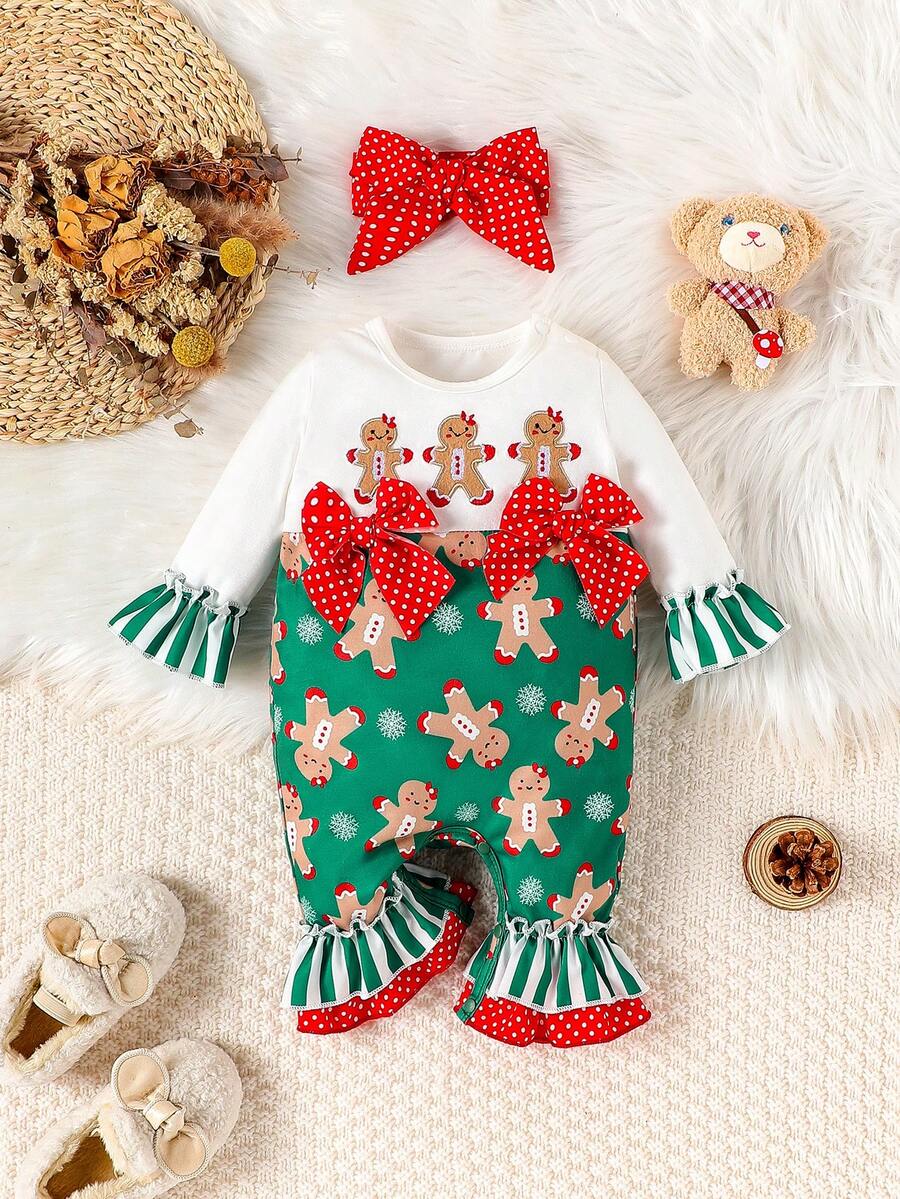 SHEIN Bebé niña Mono con estampado de Navidad con lazo delantero de manga con volante bajo con fruncido con banda cabeza - Multicolor - Ver 1
