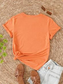 SHEIN EZwear 大碼字母圖案T恤 - 橘色 - 查看 2