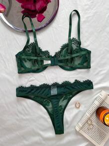 Floral Lace Underwire Lingerie Set - Dark Green - View 2